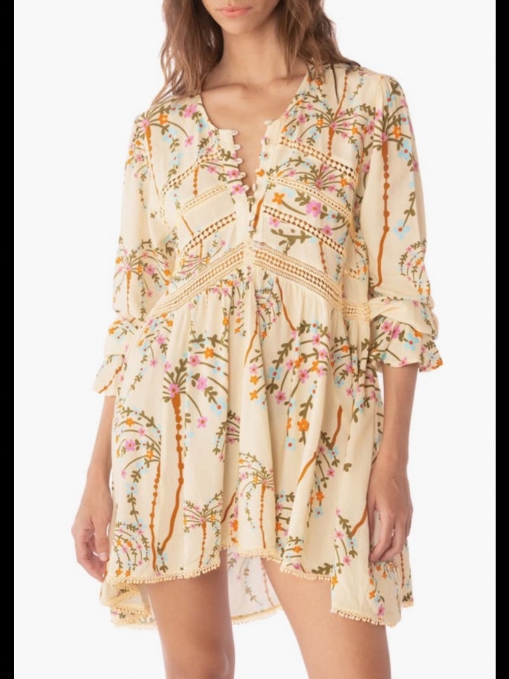 Maaji Boho Linen Blend Mini Dress Floral Ivory SZ L